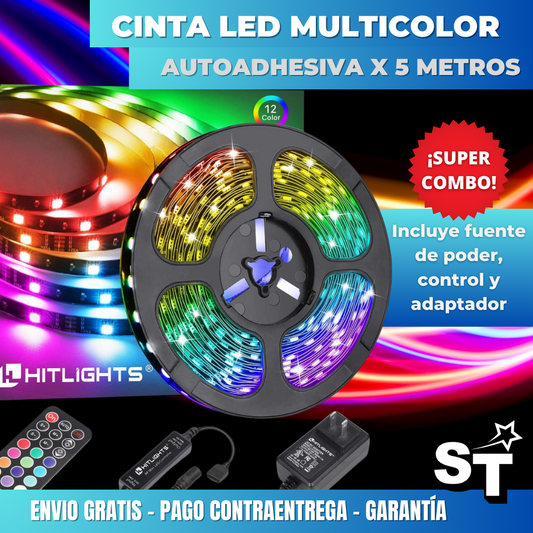 Cinta LED RGB Multicolor ® 5m + Control multifunción, fuente de poder y adaptador