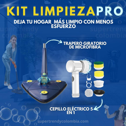 Kit LimpiezaPro : Trapero giratorio + cepillo eléctrico 5 en 1